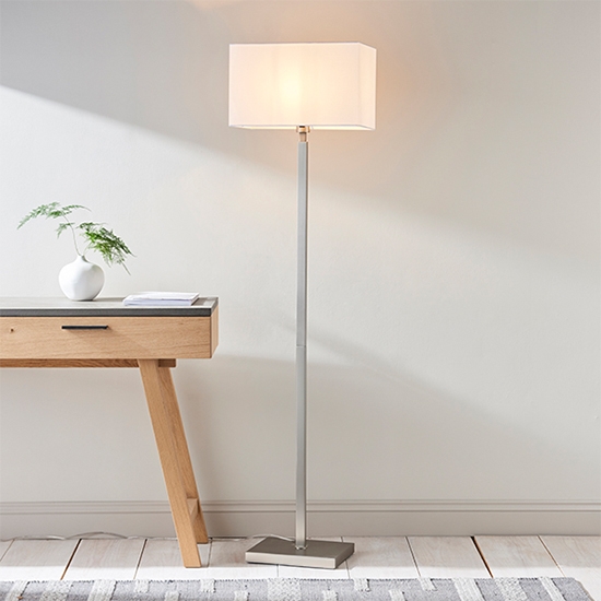 Norton Vintage White Fabric Rectangular Shade Floor Lamp In Matt Nickel