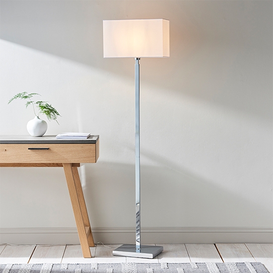 Norton Vintage White Fabric Rectangular Shade Floor Lamp In Polished Chrome
