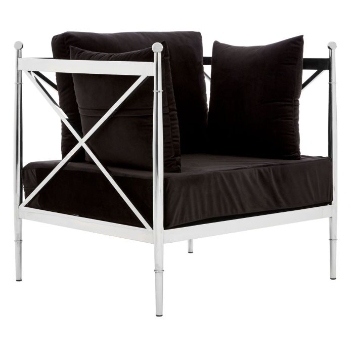 Novo Velvet Upholstered Bedroom Chair In Black With Silver Lattice Frame