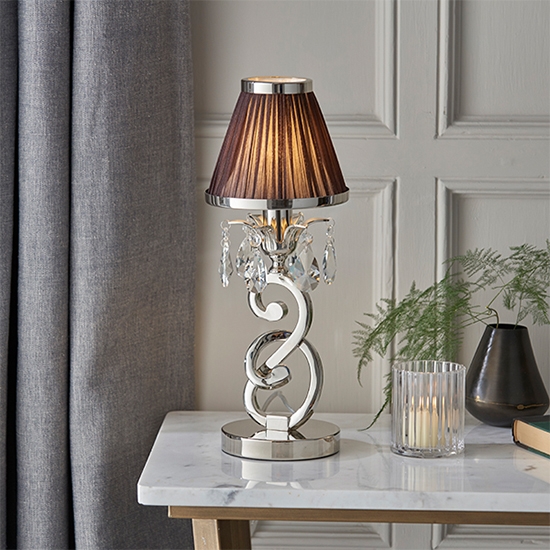 Oksana Small Chocolate Shade Table Lamp In Polished Nickel