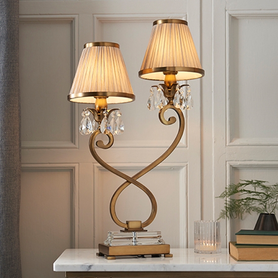 Oksana Twin Beige Shade Table Lamp In Antique Brass