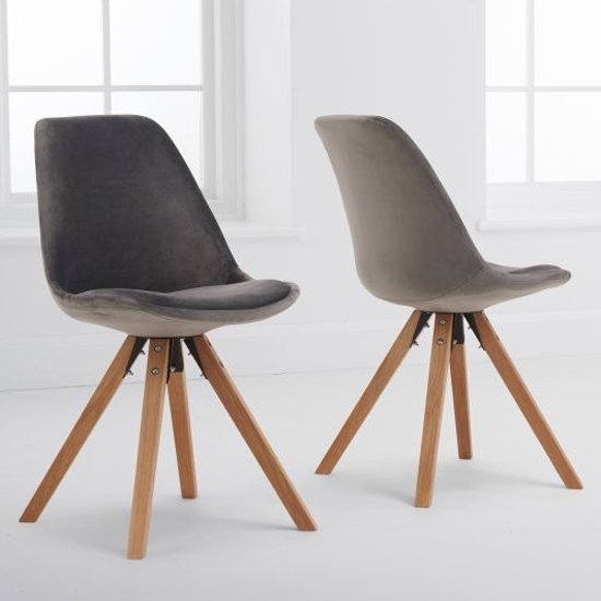 Oliver Grey Velvet Dining Chairs In Pair With Square Oak Legs