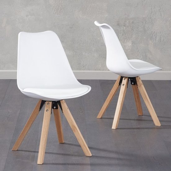 Olivier White Faux Leather Dining Chairs With Square Oak Legs In Pair