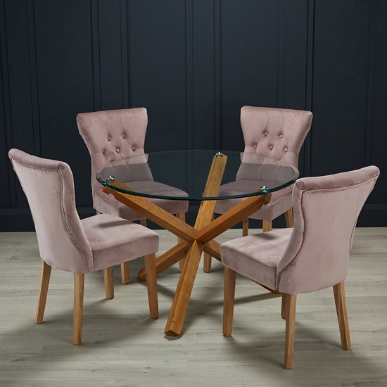 Oporto Glass Top Large Dining Table With 4 Naples Blush Pink Chairs