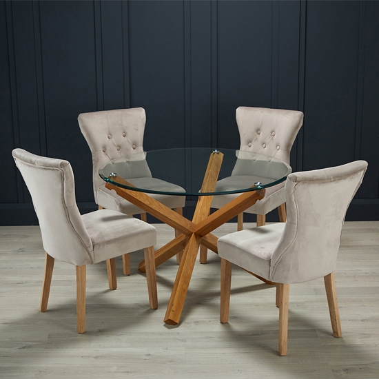 Oporto Glass Top Large Dining Table With 4 Naples Champagne Chairs