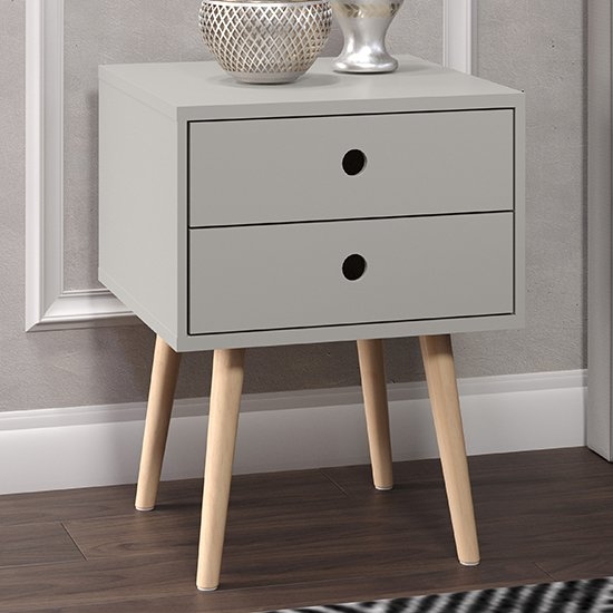 Options Scandia Grey 2 Drawers Bedside Cabinet With Wooden Legs