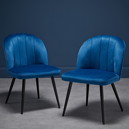 Orla Blue Velvet Upholstered Dining Chairs With Black Legs In Pair
