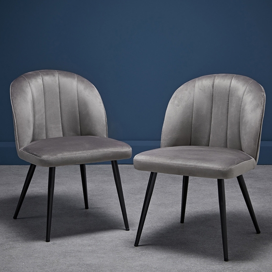Orla Grey Velvet Upholstered Dining Chairs With Black Legs In Pair