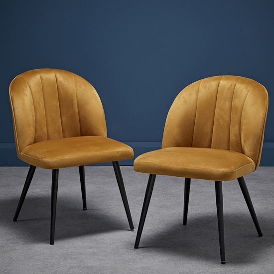 Orla Mustard Velvet Upholstered Dining Chairs With Black Legs In Pair