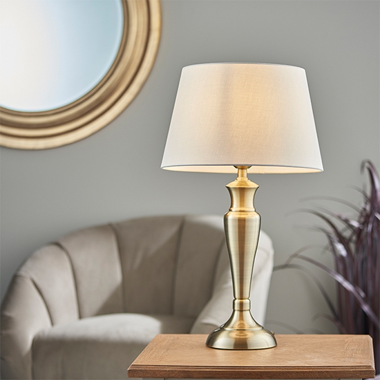 Oslo And Evie Large Pale Grey Shade Table Lamp In Antique Brass