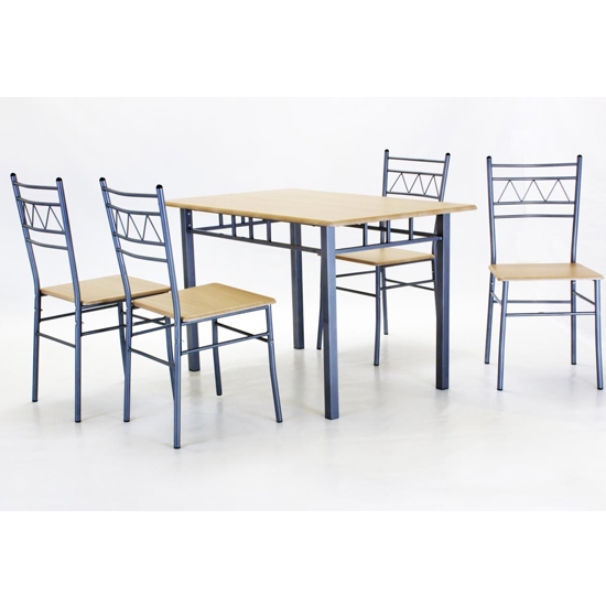 Oslo Rectangular Wooden Dining Set In Silver And Beech With 4 Chairs