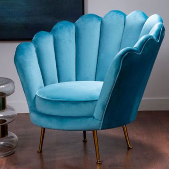 Ovala Plush Velvet Upholstered Scalloped Armchair In Blue