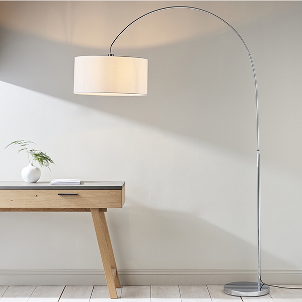Owen Arched Vintage White Cylinder Shade Floor Lamp In Polished Chrome