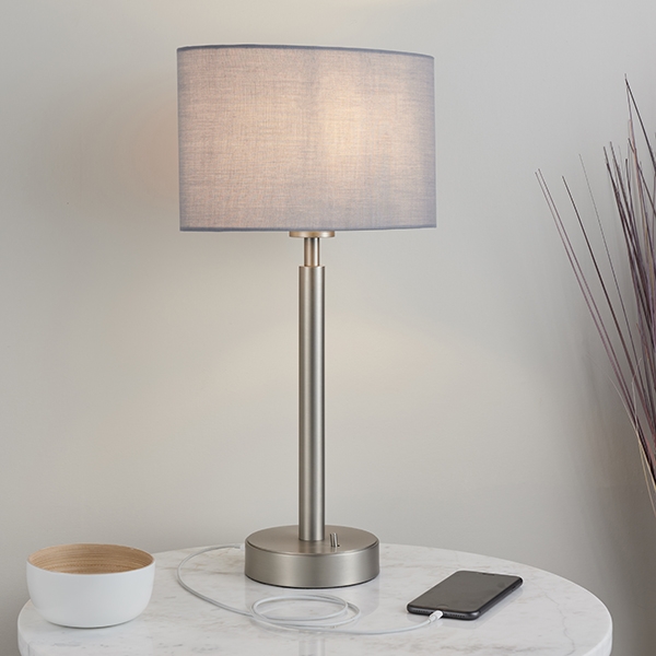 Owen Grey Ellipse Shade Table Lamp With Usb In Matt Nickel