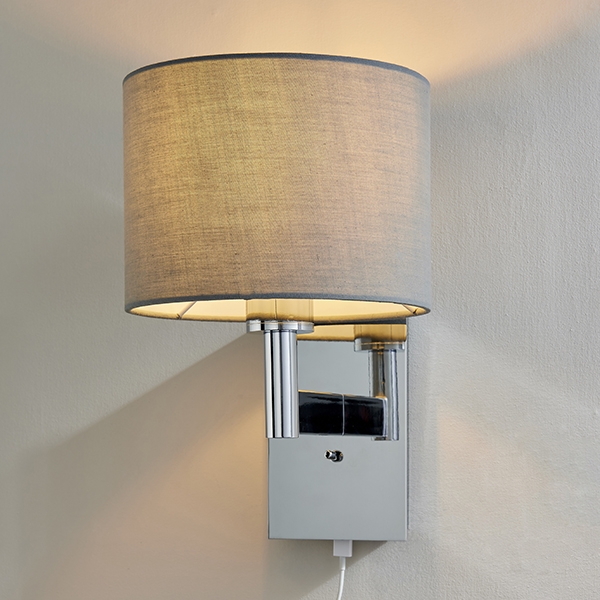 Owen Grey Taper Shade Wall Light With Usb In Polished Chrome