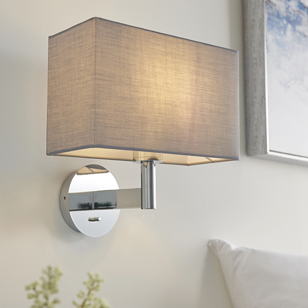 Owen Rectangular Grey Shade Wall Light In Polished Chrome