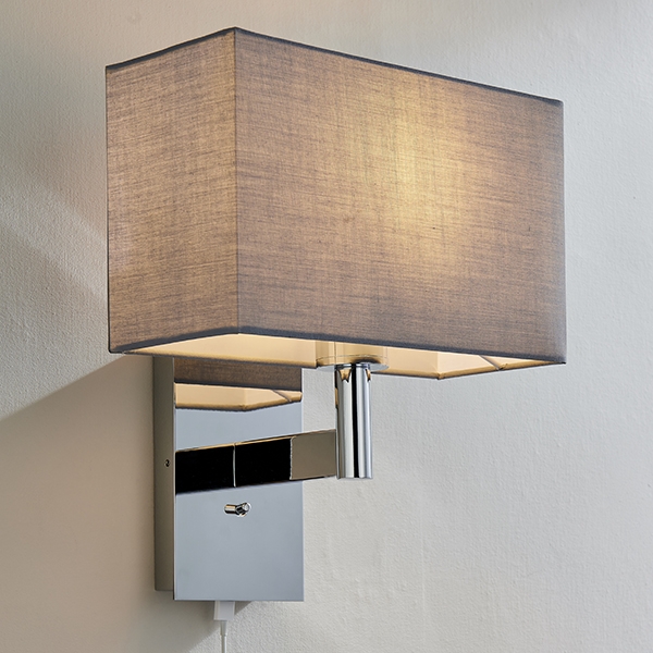 Owen Rectangular Grey Shade Wall Light With Usb In Polished Chrome