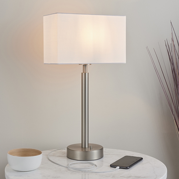 Owen Rectangular White Shade Table Lamp With Usb In Matt Nickel