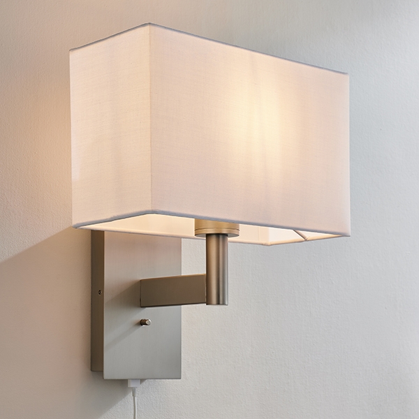 Owen Rectangular White Shade Wall Light With Usb In Matt Nickel