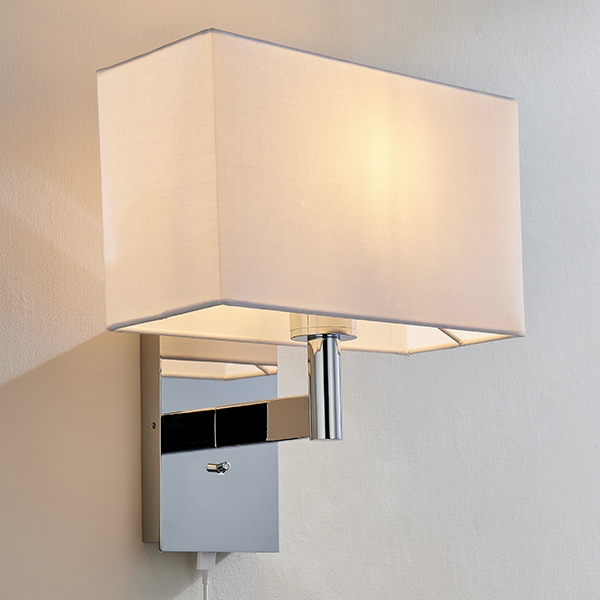 Owen Rectangular White Shade Wall Light With Usb In Polished Chrome