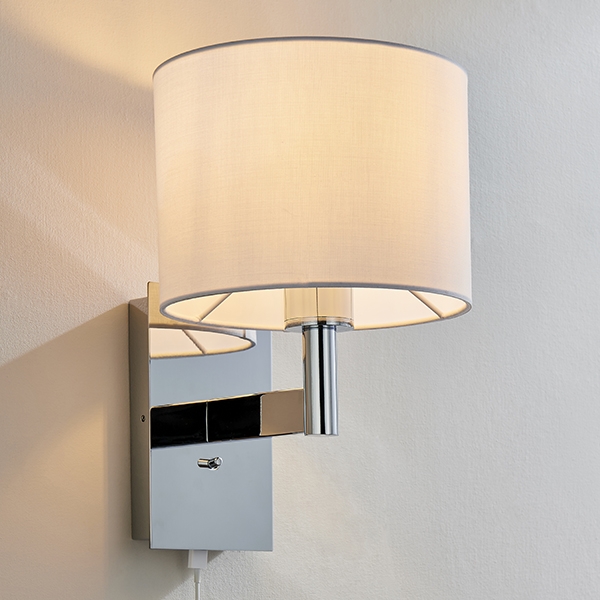 Owen White Cylinder Shade Wall Light With Usb In Polished Chrome