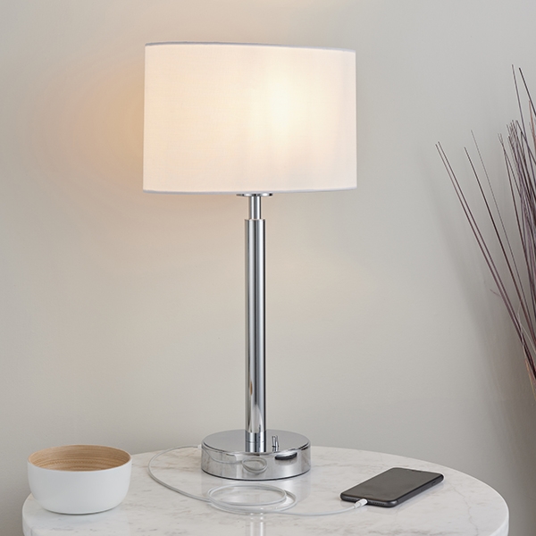 Owen White Ellipse Shade Table Lamp With Usb In Polished Chrome