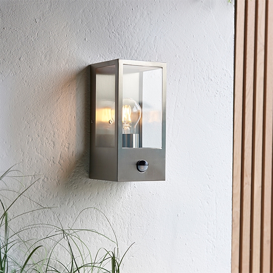 Oxford Clear Bevelled Edge Glass Panels Pir Wall Light In Brushed Stainless Steel