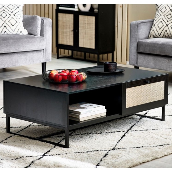 Padstow Wooden Coffee Table In Black With 2 Drawers