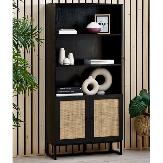 Padstow Wooden Tall Bookcase In Black With 2 Doors And 2 Shelves