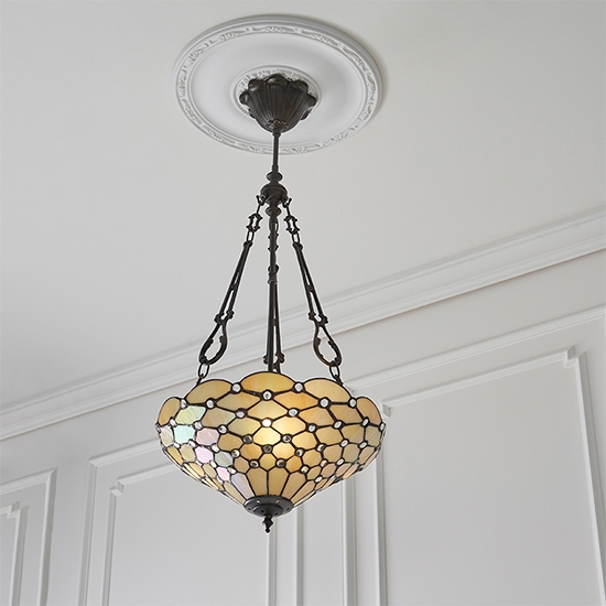 Pearl Medium Inverted Tiffany Glass 3 Lights Flush Ceiling Light In Dark Bronze