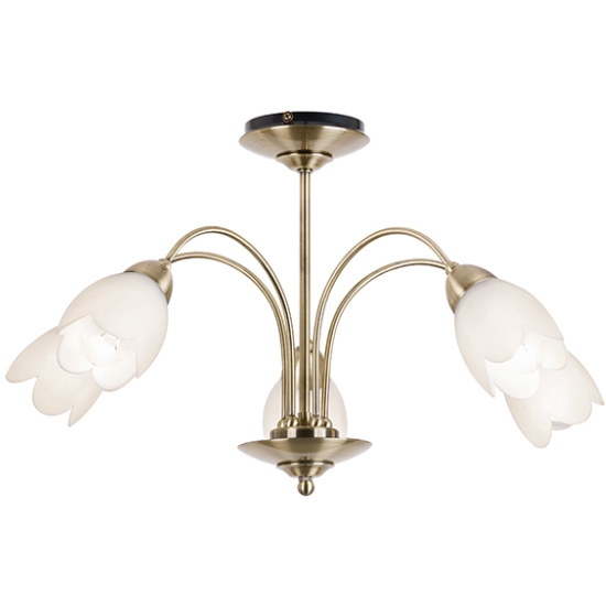Petal Matt Opal Glass 5 Lights Semi Flush Ceiling Light In Antique Brass