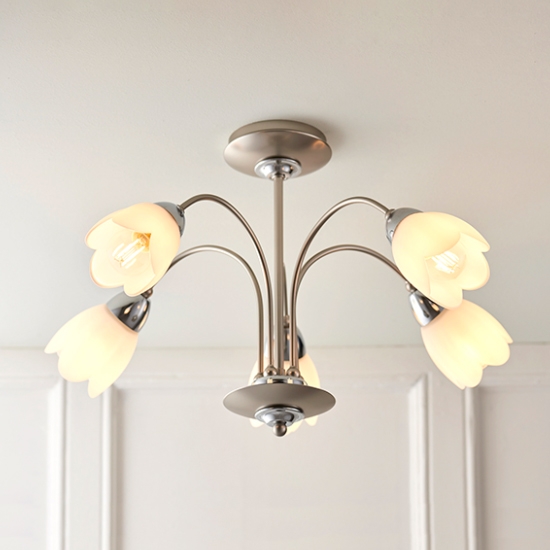 Petal Matt Opal Glass 5 Lights Semi Flush Ceiling Light In Satin Chrome