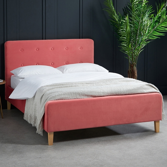 Pierre Crushed Velvet Upholstered Double Bed In Coral