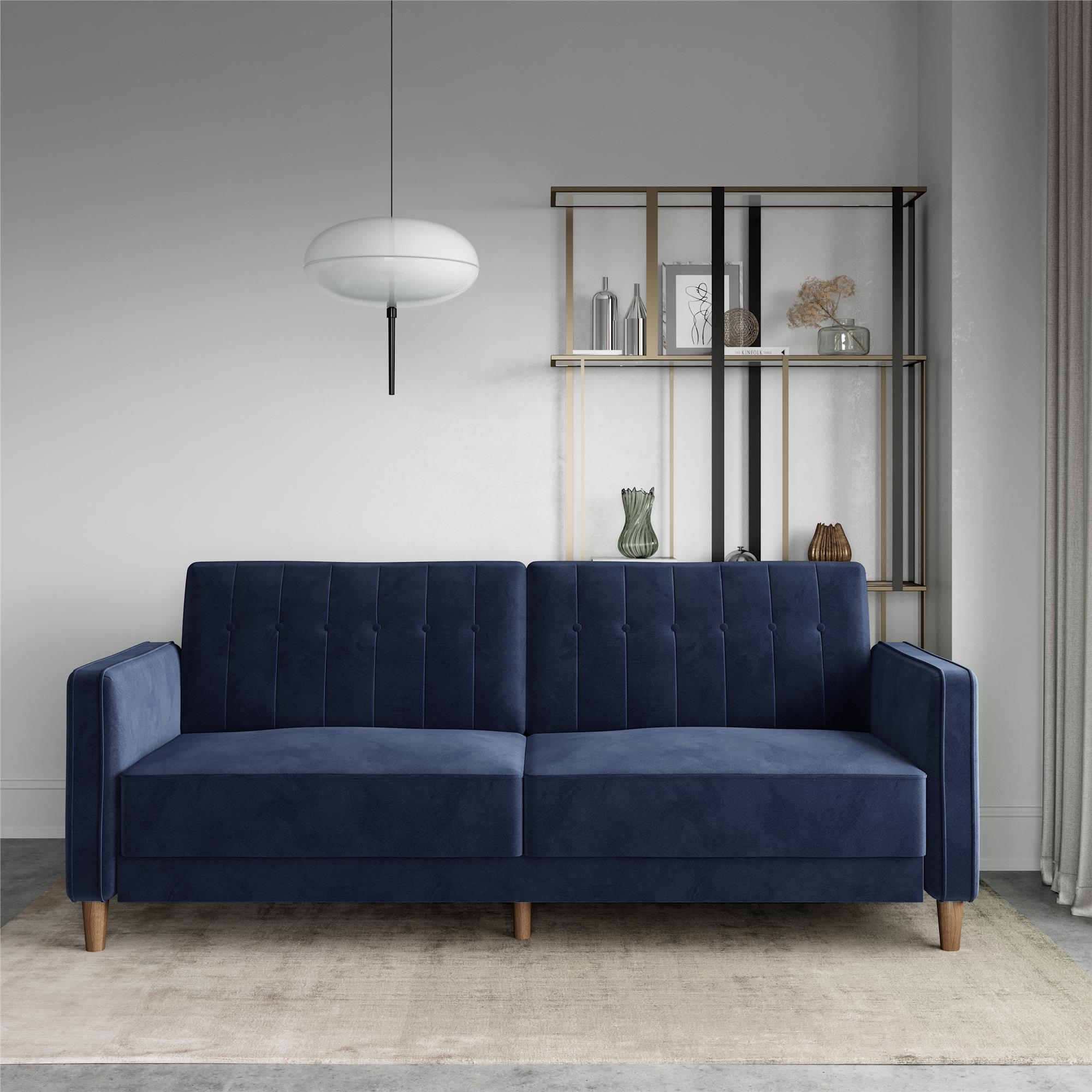 Pin Tufted Transitional Futon Sofa Bed In Blue Velvet