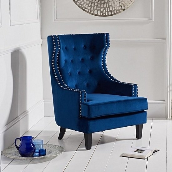 Portia Blue Velvet Bedroom Chair With Black Wooden Legs