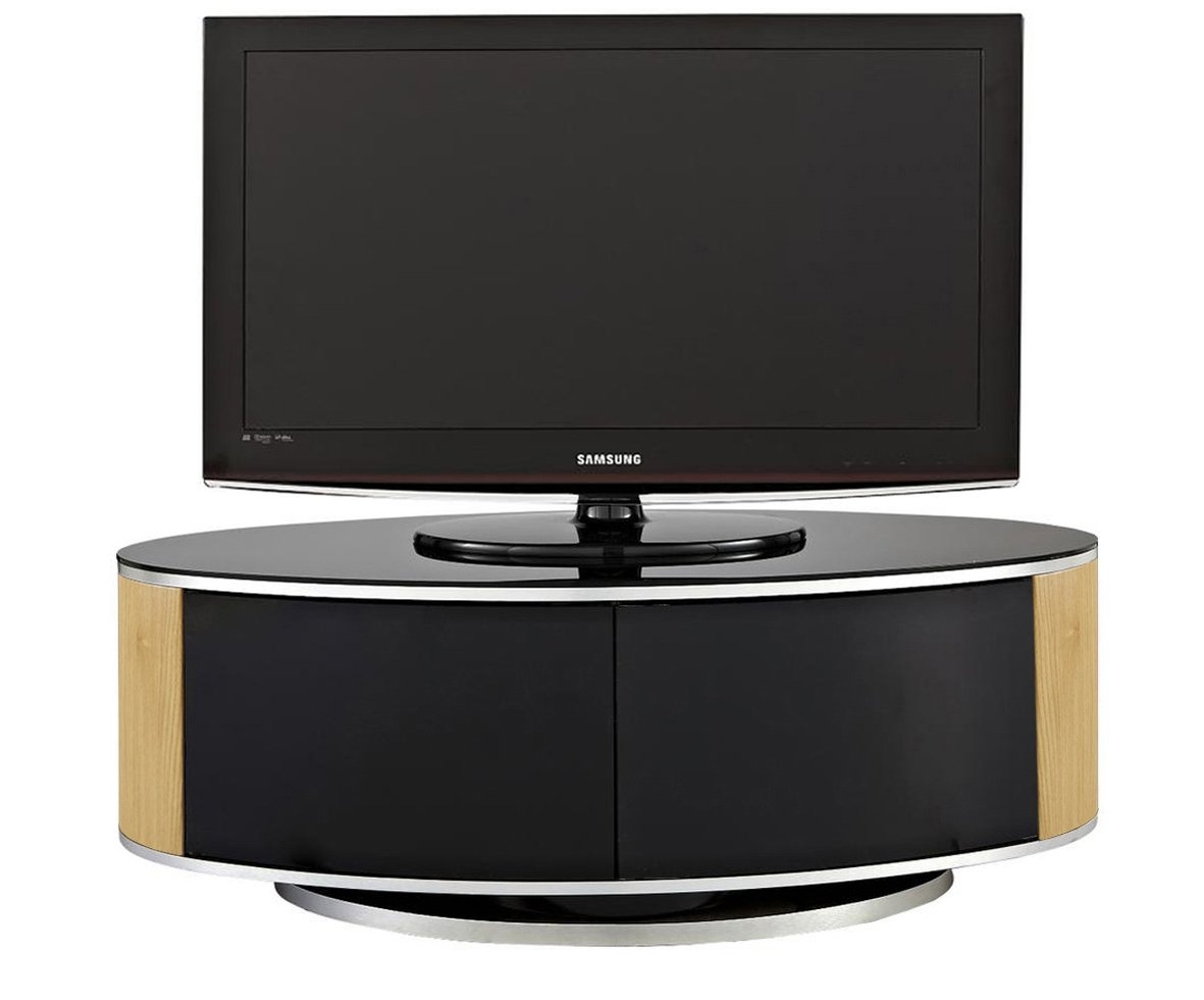 Luna Wooden Tv Stand In Black High Gloss And Oak With Push Release Doors