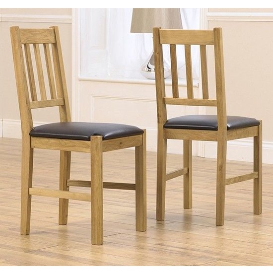 Promo Wooden Dining Chairs In Oak With Black Leather Seat In Pair