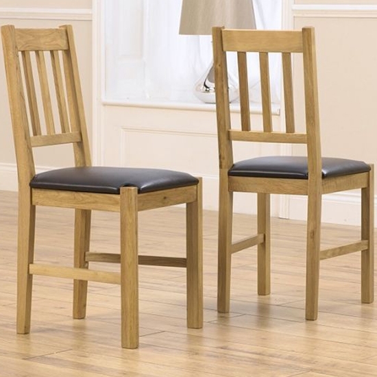 Promo Wooden Dining Chairs In Oak With Brown Leather Seat In Pair