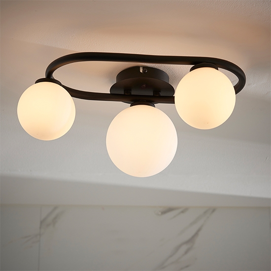 Pulsa 3 Lights Matt White Glass Shades Semi Flush Ceiling Light In Matt Black