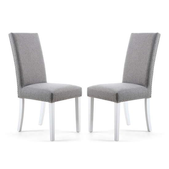Randall Silver Grey Fabric Dining Chairs In Pair With White Legs