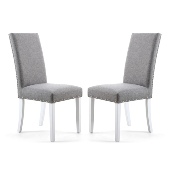 Randall Silver Grey Fabric Dining Chairs In Pair With White Legs