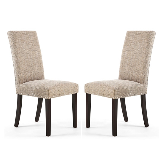 Randall Tweed Oatmeal Fabric Dining Chairs In Pair With Brown Legs