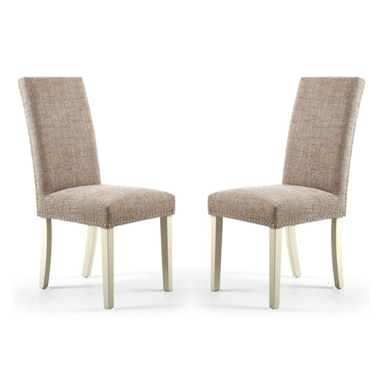 Randall Tweed Oatmeal Fabric Dining Chairs In Pair With Cream Legs