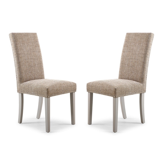 Randall Tweed Oatmeal Fabric Dining Chairs In Pair With Grey Legs