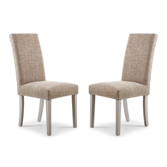 Randall Tweed Oatmeal Fabric Dining Chairs In Pair With Grey Legs