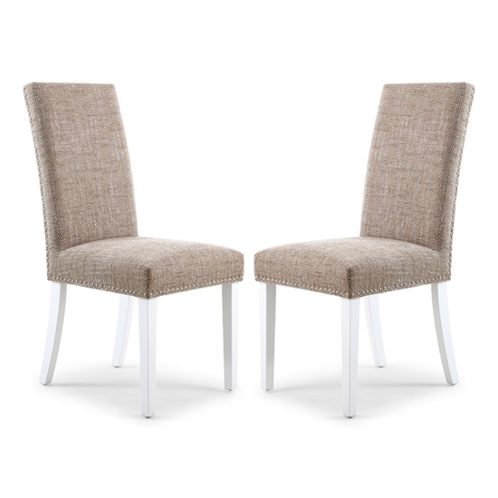 Randall Tweed Oatmeal Fabric Dining Chairs In Pair With White Legs