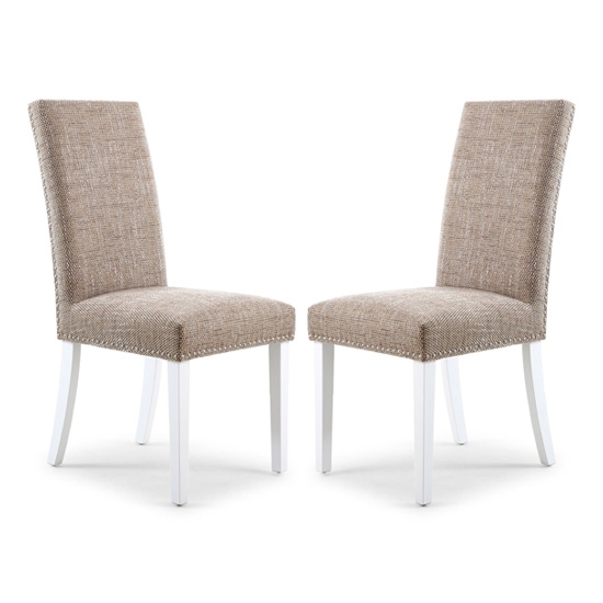 Randall Tweed Oatmeal Fabric Dining Chairs In Pair With White Legs