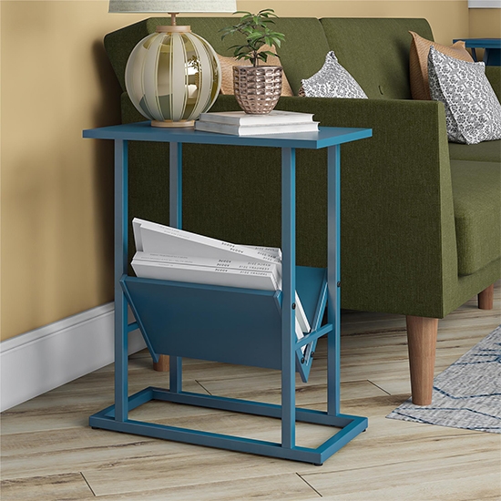 Regal Wooden Side Table In Blue With Magazine Rack