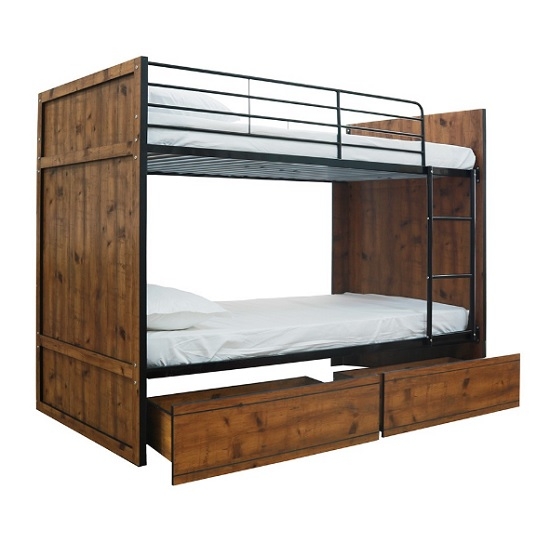 Rocco Wooden Bunk Bed In Vintage Oak With Black Frame And Drawers