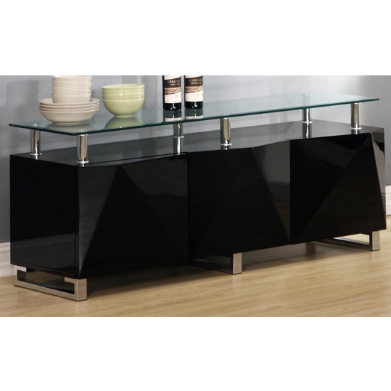 Rowley Clear Glass Top Sideboard In Black High Gloss With 3 Doors